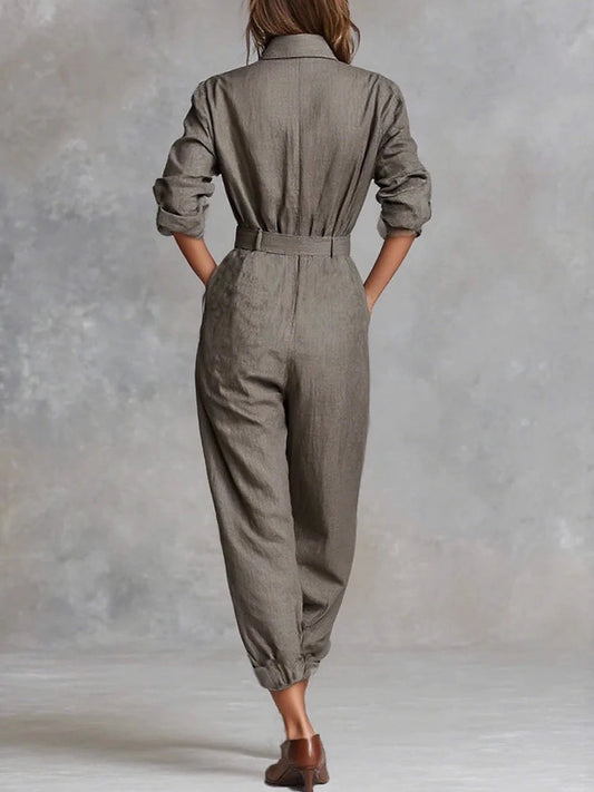 Fashion Lapel Collar Button Pocket Long Jumpsuit Women Casual Long Sleeve Solid Party Romper Elegant Street Loose Cargo Playsuit