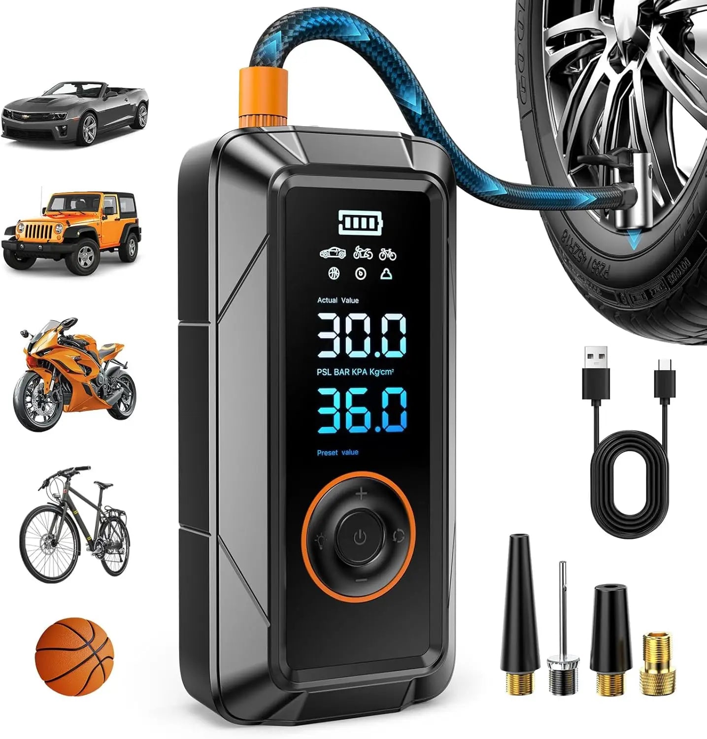 Portable tire inflation pump, wireless 12V DC inflation pump, suitable for car, bicycle, motorcycle tires, balls, etc