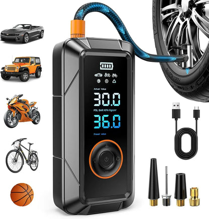 Portable tire inflation pump, wireless 12V DC inflation pump, suitable for car, bicycle, motorcycle tires, balls, etc
