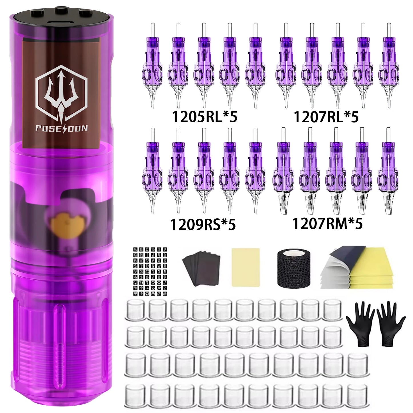 Tattoo Kit POSEIDON High Power Tattoo Pen Kit For Permanent Makeup Tattoo Machine Kit Purple Tattoo Power Supply Tattoo Gun Kit