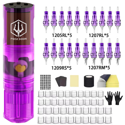 Tattoo Kit POSEIDON High Power Tattoo Pen Kit For Permanent Makeup Tattoo Machine Kit Purple Tattoo Power Supply Tattoo Gun Kit