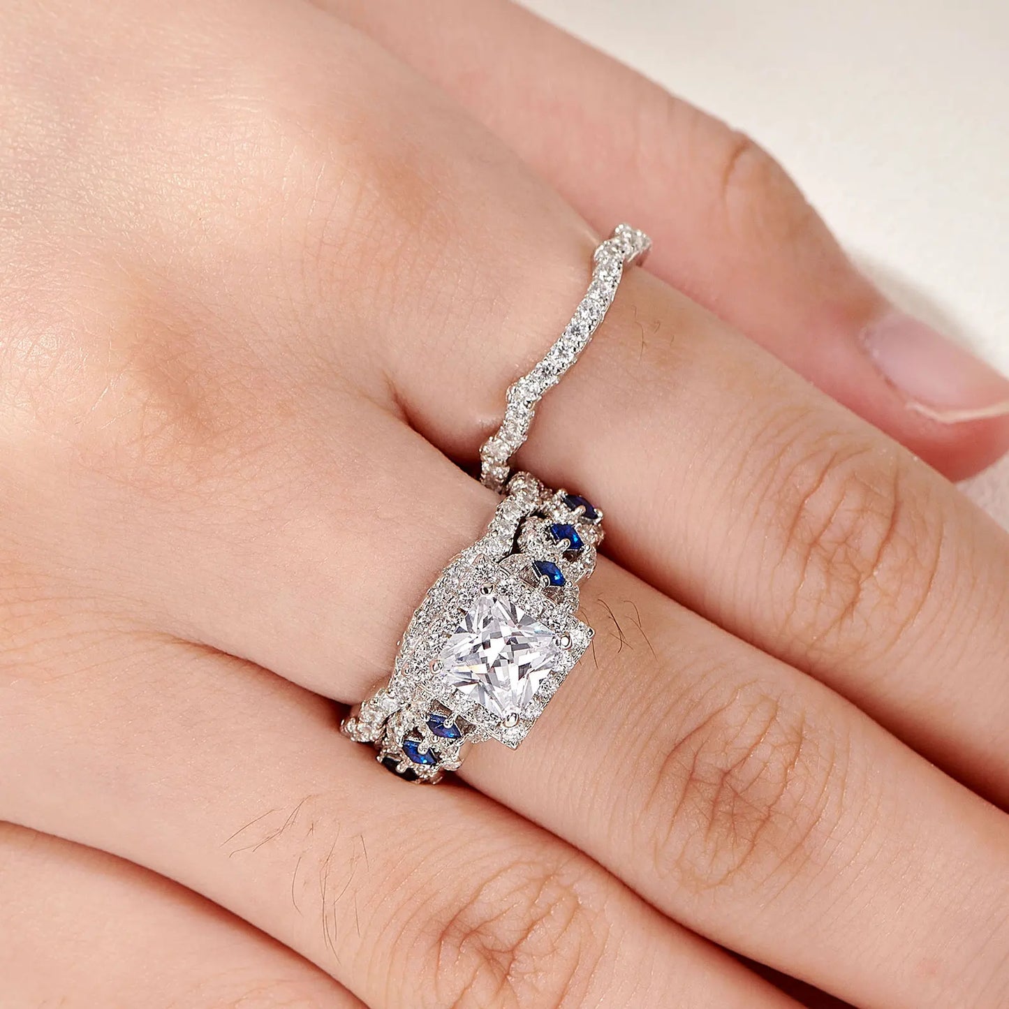 Newshe 3 Pcs Wedding Rings Set for Women 925 Silver Princess Cut Certified Moissanite/Zircon Luxury Bridal Engagement Jewelry