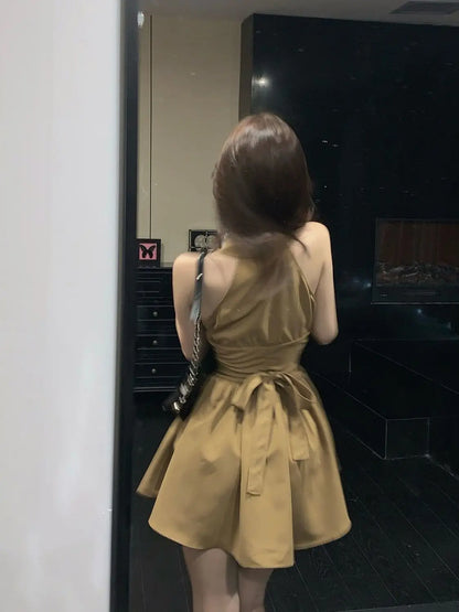 Sleeveless Dresses Women Bow Lace-up Turn-down Collar Mini High Street A-line Hotsweet Partywear Korean Fashion Vestidos Ins