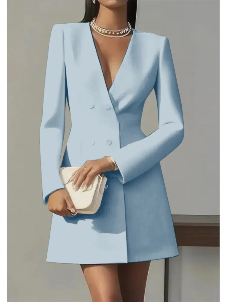 Women's Fashion Solid Button Blazer Short Dresses Autumn Winter Sexy V-neck Party Dress  Office Ladies Long Sleeve Slim Dress