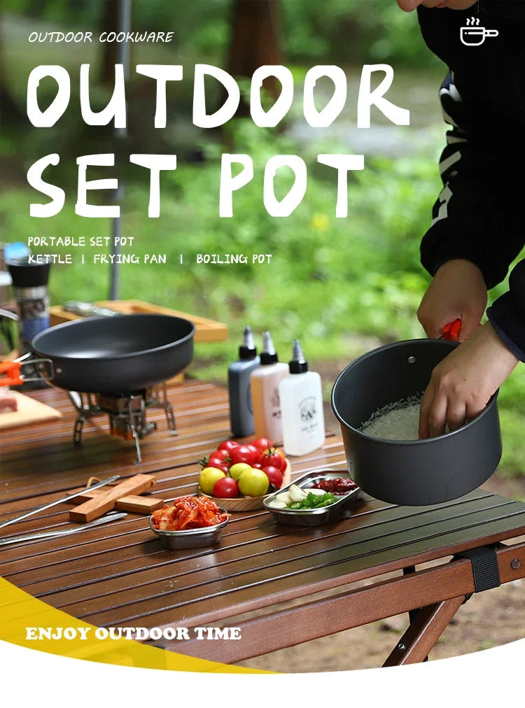 Camping Cooking Set, Outdoor Kitchenware Set, Aluminum Portable Tableware Kitchenware POTS Bowls Kettles Hiking Picnic Equipment