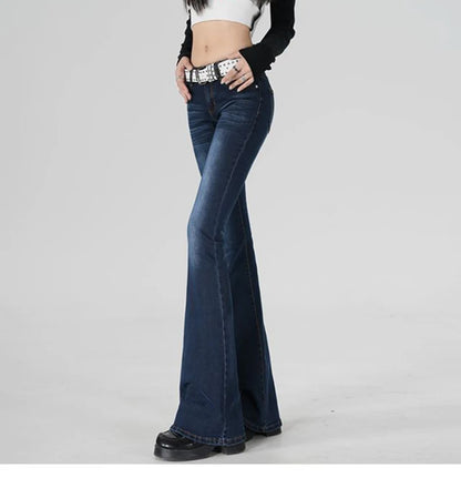 Stretch Flared Jeans Low Rised Pocket Denim Pants Women Y2K Casual Full-length Dark Blue Jeans Vintage 90S Jeans Female Trousers