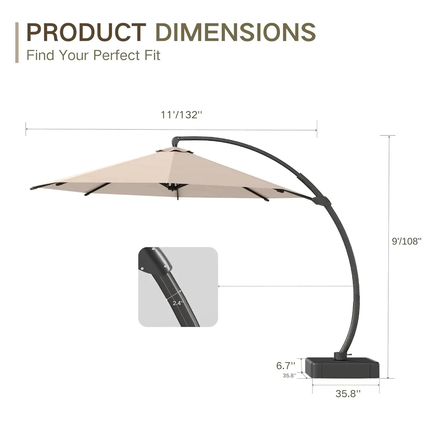 11ft round Aluminum Patio Umbrella with Base - Offset Cantilever Design 360° Rotating Customizable Large Outdoor Shade Umbrella