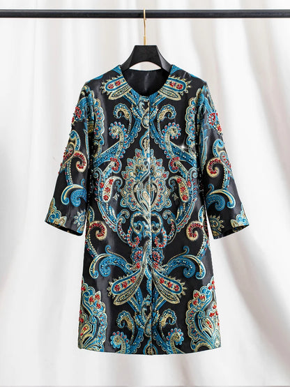 Elegant Embroidered Jacquard Trench Coat for Women 2025 | Round Neck Mid-Length Jacket | European Style Spring Fall Outerwear