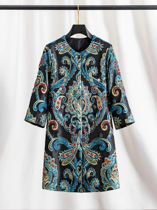Elegant Embroidered Jacquard Trench Coat for Women 2025 | Round Neck Mid-Length Jacket | European Style Spring Fall Outerwear
