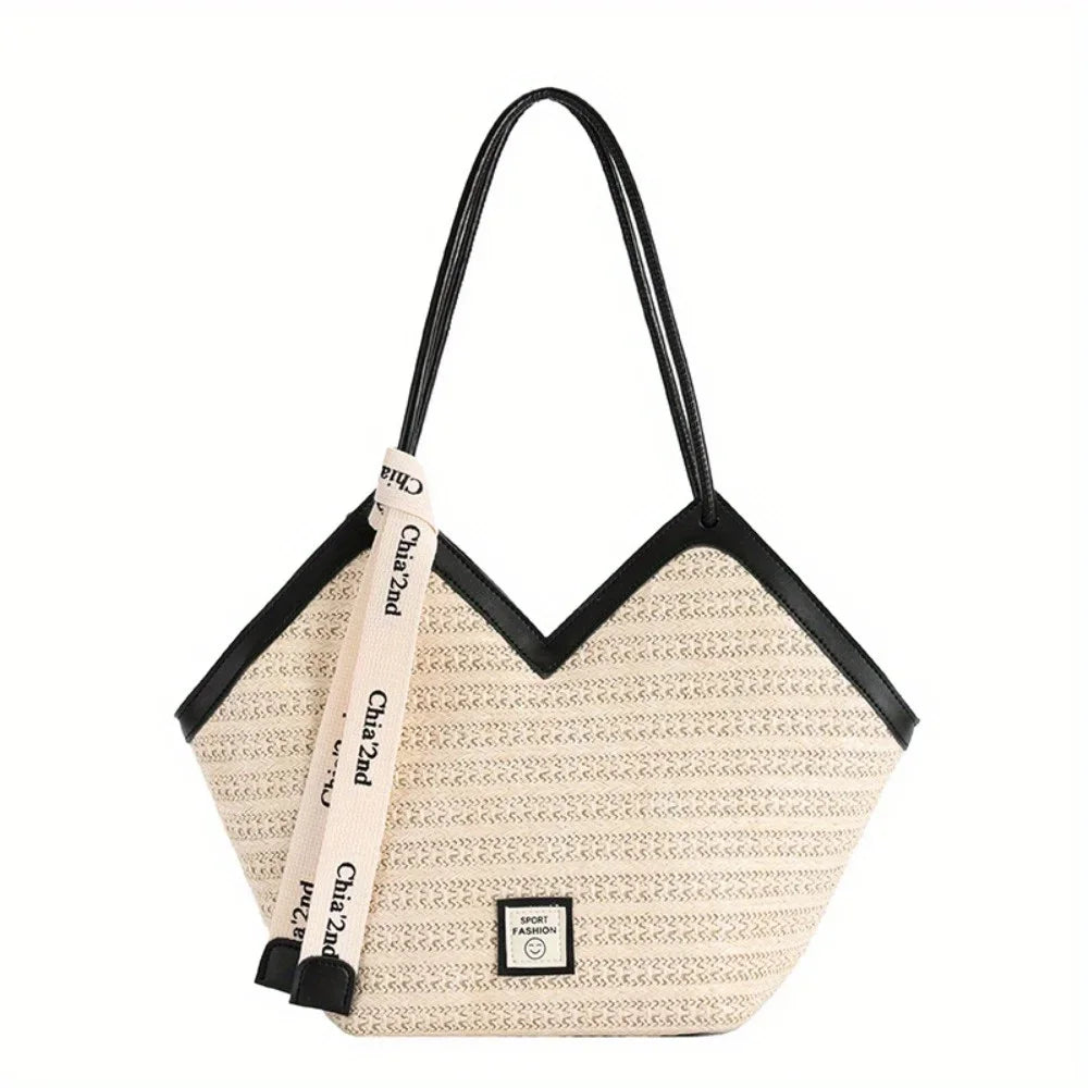 Chic Straw Woven Beach Tote Bag for Women Lightweight Woven Handbag Shoulder Bag Perfect for Summer Vacations, Pool Days, Travel
