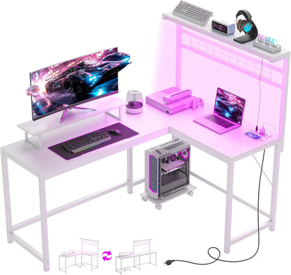 Gaming Desk, 62" L Shaped Desk with Power Outlets & LED Lights, 86" 2 Person Computer Table with Shelf & Rolling CPU Stand