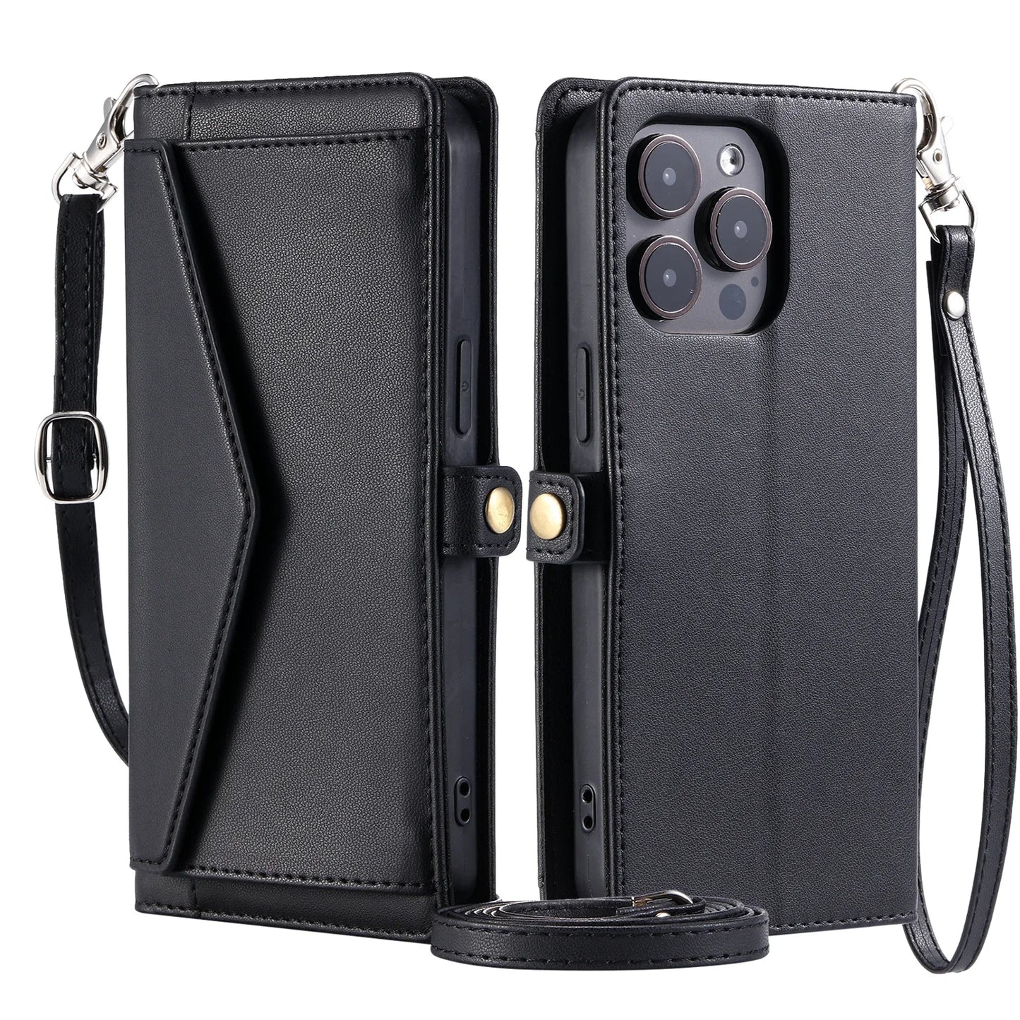 Crossbody Leather Wallet Case For iPhone17 16 Pro Air 16E 15 14 13 12 11 Pro Max XS XR SE 8 7 Card Solt Pocket Shoulder Cover