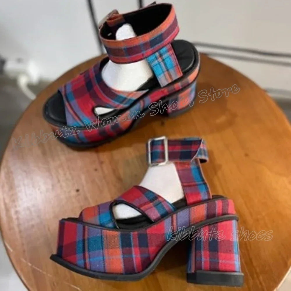 Belt Buckle Sandals Platform Patchwork Mixed Color Round Toe Chunky Heels Summer Fashion Luxury Elegant Sexy Women Shoes Newest
