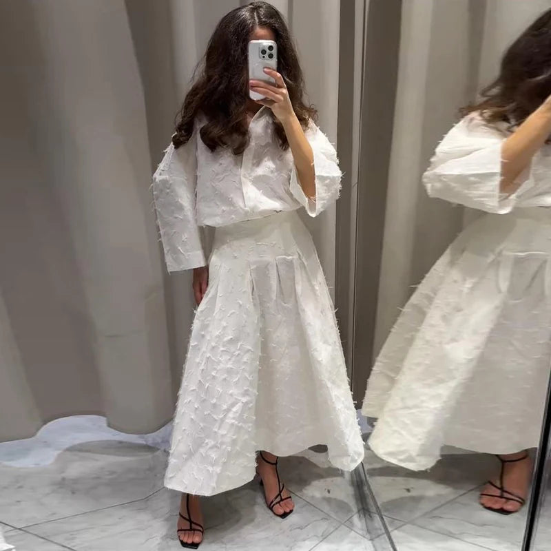 Elegant Fringe Skirts Sets 2 Pieces Women Lapel Buttons Long Sleeve Blouses Pleated A-line Long Skirts 2025 Summer Chic Outfits