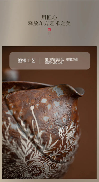 190ml Retro Flower Gilded Silver Hand Grasping Pot Old Rock Mud Treasure Bottle Pot Coarse Pottery Filter Kettle Kung Fu Teaset