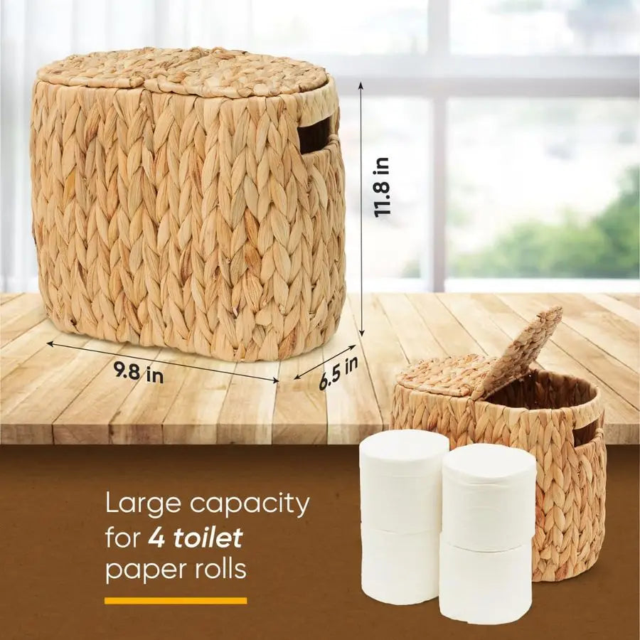 Paper Basket with Lid, Woven Natural Water Hyacinth Toilet Paper Storage, Papers Container for 4 Mega Rolls, Storage Holder with