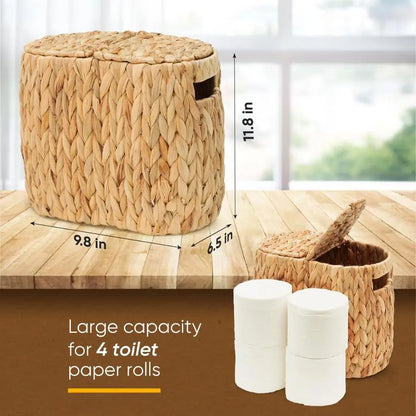 Paper Basket with Lid, Woven Natural Water Hyacinth Toilet Paper Storage, Papers Container for 4 Mega Rolls, Storage Holder with