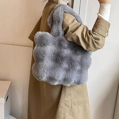 Women's Fluffy Plush Shoulder Bag Autumn Winter Top-Handle Solid Color Tote Versatile Commuter Handbag for Girls