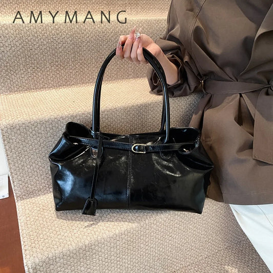 Women's Vintage Glossy Oil Wax Leather Tote Bag Buckle Casual Shoulder Handbag Elegant Work Bag for Daily Commute Top-handle Sac