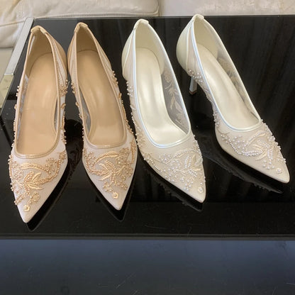 Pointed Toe Mesh Embroider High Heels for ladies Elegant String Bead pumps Sexy Luxury Designer Shoe Party Wedding Heeled Sandal