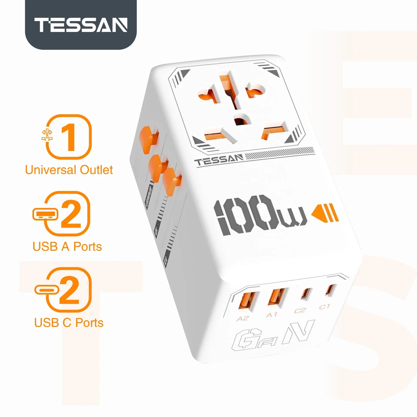 TESSAN International Plug Adaptor GaN Travel Adapter with Universal Outlet 1 USB A 3 Type C Fast Charger for EU/UK/USA/AUS