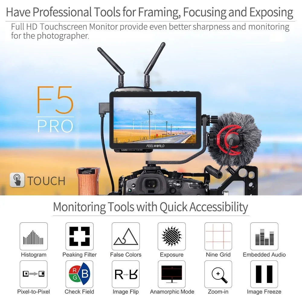 FEELWORLD F5 PRO V4 6" 3D LUT Touchscreen Monitor 4K HDMI I/O High-Res Rec.709 Aux Power Multiple Mounting Options