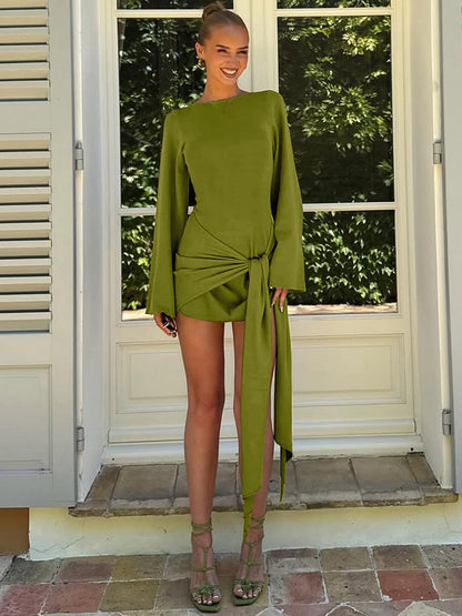 Dulzura 2025 Autumn Fashion Elegant O-Neck Long Sleeve Slim Fit Lace Up Mini Dress Ladies Solid Casual Clothes Party Club Outfit