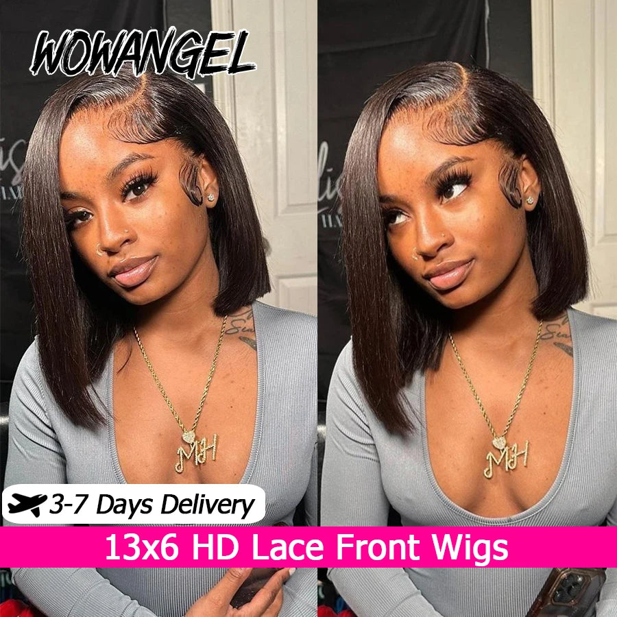 Wow Angel 13x6 HD Lace Front Wigs Short Bob Straight Lace Frontal Human Hair Wigs Pre Plucked Lace Melted Brazilian For Women