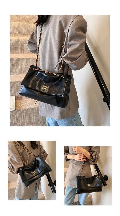 2025 Women‘s Bag Retro PU Leather Underarm Bag autumn and winter Large capacity Commuting Folded Chain Shoulder Bucket Tote Bag