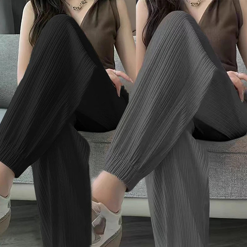 Ice Silk Casual Wide Leg Harem Pants Trousers Solid Elastic Waist Women Clothing Sweet Streetweat Summer Ankle-Length Pants New