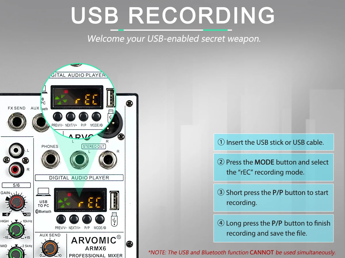 6-Channel Audio Mixer, DJ Mixer with USB Audio Interface, Bluetooth Function, 16 DSP Effects, and 3-Band EQ (ARMX-6)