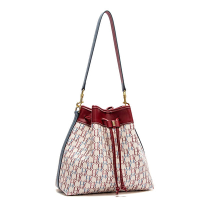 CHCH Women's Bucket Bag Spring New Wine Red Drawstring Bag Dual purpose Shoulder Strap Commuter Wallet