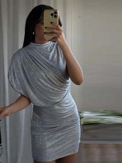 Sexy Sequined Short Dress Women V Neck Pleated Waist-cinched Empire Hip Package Dresses 2026 Spring Chic Party Evening Robe Lady