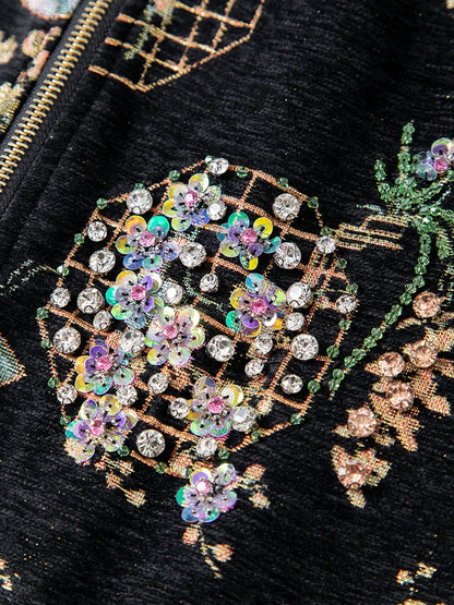 Luxury Beaded Black Jacquard Bomber Jacket Women Vintage Stand Collar Baseball Coat Elegant Embroidered Rhinestone Outerwear