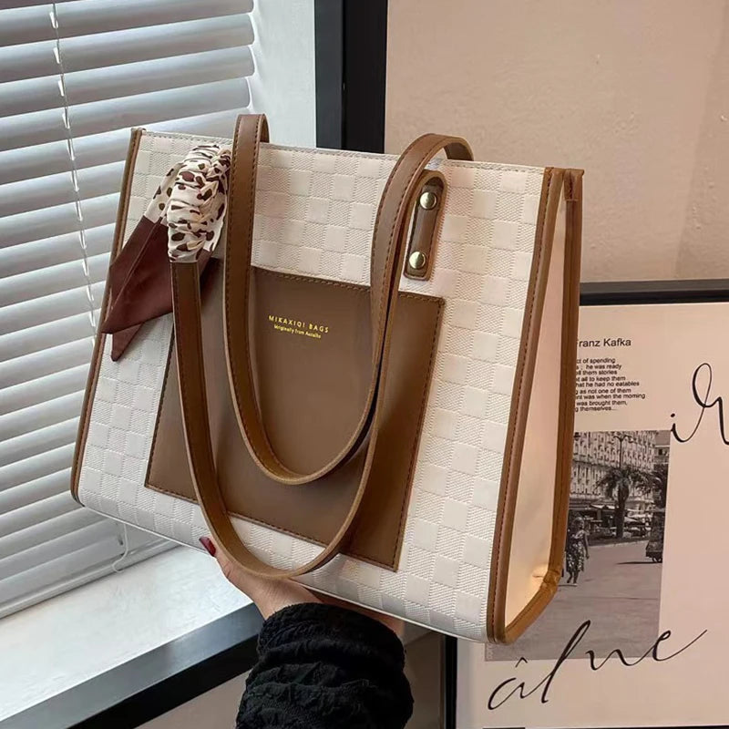Patchwork Contrast Color Handbag Women's Casual Fashion Tote Bag Large Capacity Single Shoulder Bag Women's Silk Scarf Bag