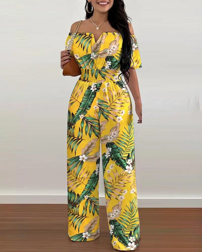 Summer New Women Sexy One Line Shoulder Solid Color Short Sleeve Jumpsuit Slim Elastic Waist Loose Straight Female Long Jumpsuit
