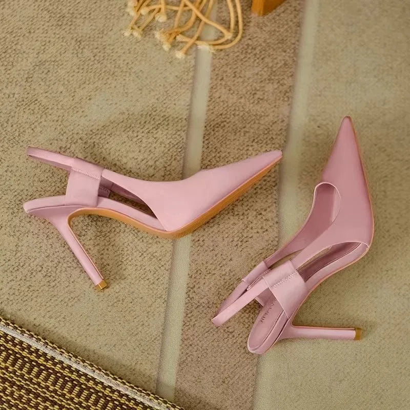 2025 New Fairy Pink Womens High Heel Sandals Pointed Toe Shallow Mouth Soft Leather Heels Ladies Fashion Banquet Versatile Shoes