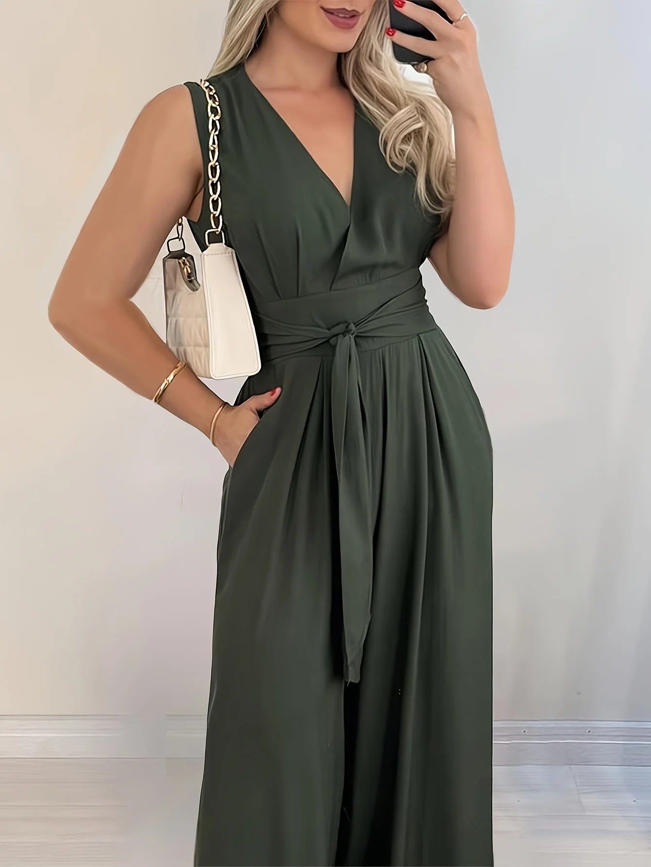 Wide-leg jumpsuit with V-neck, gathered back waist, tie-front, solid color women's pants