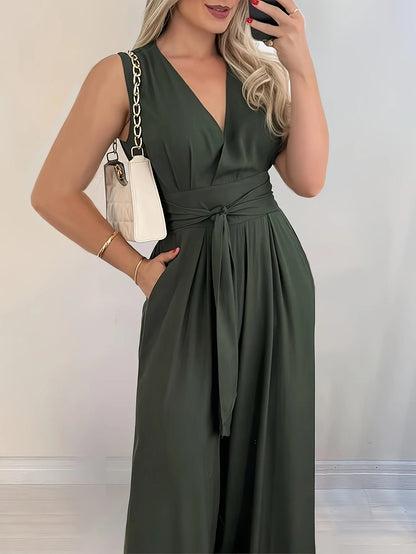 Wide-leg jumpsuit with V-neck, gathered back waist, tie-front, solid color women's pants