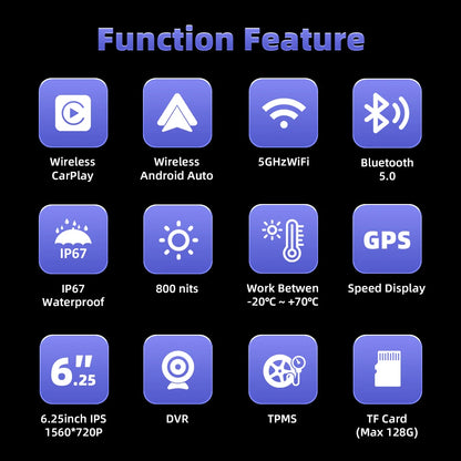EKIY 6.25" Wireless CarPlay Moto Android Auto Portable Digital Dashboard GPS Motorcycle Navigation Display Screen TPMS Monitor