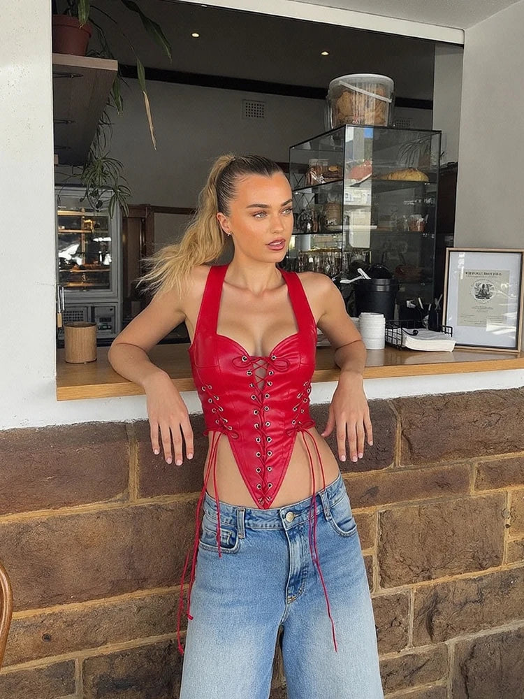 Kliou PU Leather Tank Tops Woman Low-Neck Shirring Backless Irregular Hem Skinny Stretch Hot Girls High Street Style Clothing