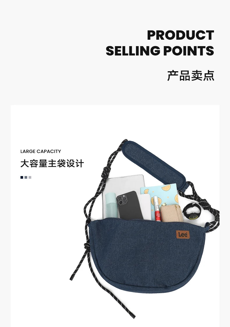 LEE 2025 Teenagers Waterproof Denim Crossbody Shoulder Bag Women Men Stylish Jeans Hobo Dumpling Crescent Bag Student Ipad Pack