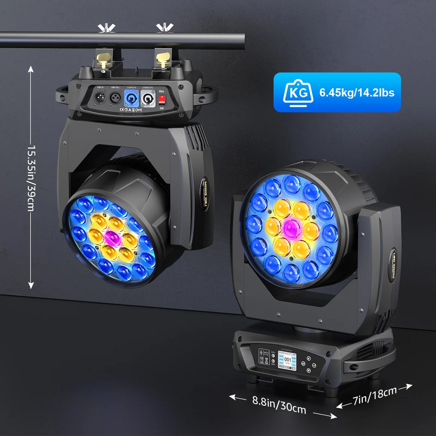 Somspot 19x15W LED Moving Head Lights RGBW Beam Stage Effect Lighting Projector Focusing Light Zoom Wash Lights for Disco Party