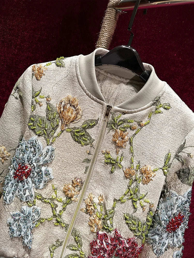Luxury Beaded Embroidered Jacquard Bomber Jacket Women 2025 New Fashion Casual Chic Baseball Coat Elegant Versatile Outerwear