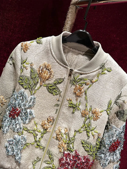 Luxury Beaded Embroidered Jacquard Bomber Jacket Women 2025 New Fashion Casual Chic Baseball Coat Elegant Versatile Outerwear