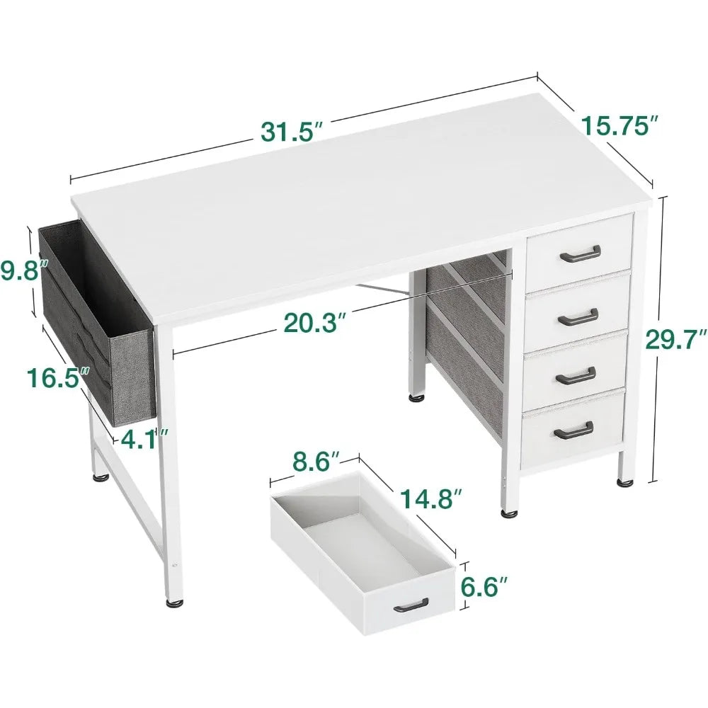 32-inch mini computer desk with 4 fabric drawers, storage space, side hooks and a cloth bag; children's desk, white.