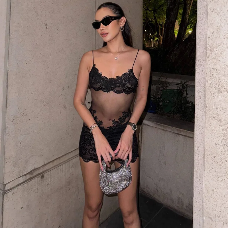 Hugcitar Women'S Fashion Lace Solid Slips Patchwork Sexy Slim See Through Mini Dress Summer Vacation Party Night Club Outfit