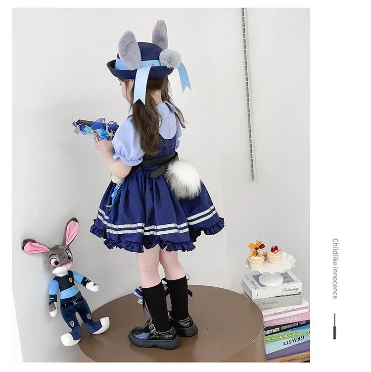 Girl Cosplay Judy Hopps Police Officer Dress Ear Sheriff Hat Bunny Costume Kids Dress Up Halloween Rabbit Disguise Dress Outfits
