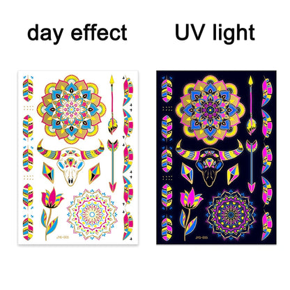 Luminous Temporary Tattoos Stickers Fluorescent Neon In Dark Illuminate Tattoo Elephant/Love Heart Shoulder Tattoo Party Sticker