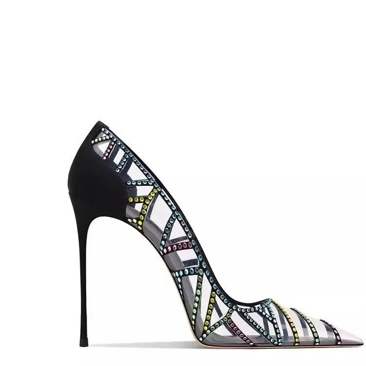 Black Design Sense Niche Transparent Multicolored Rhinestone 2026 New Pointed Toe Stiletto High-heeled Shoes for Women